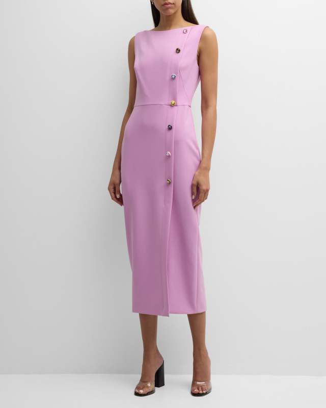 Jewel-Button Boat-Neck Sleeveless Midi Sheath Dress